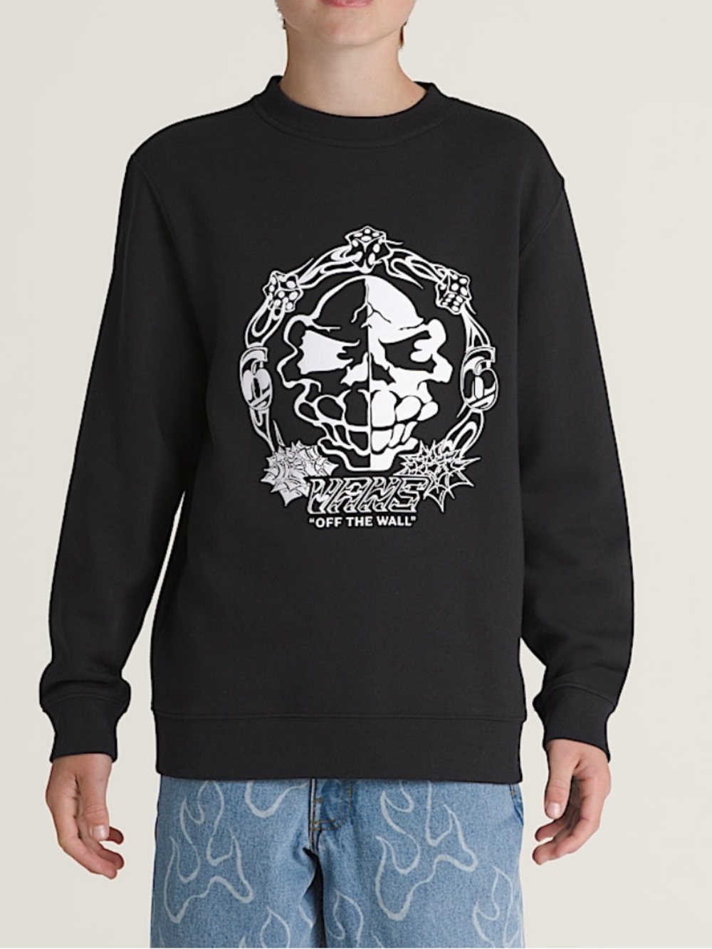Vans Black Crew Sweatshirt with White Skull Graphic Kids Mister Sinister M